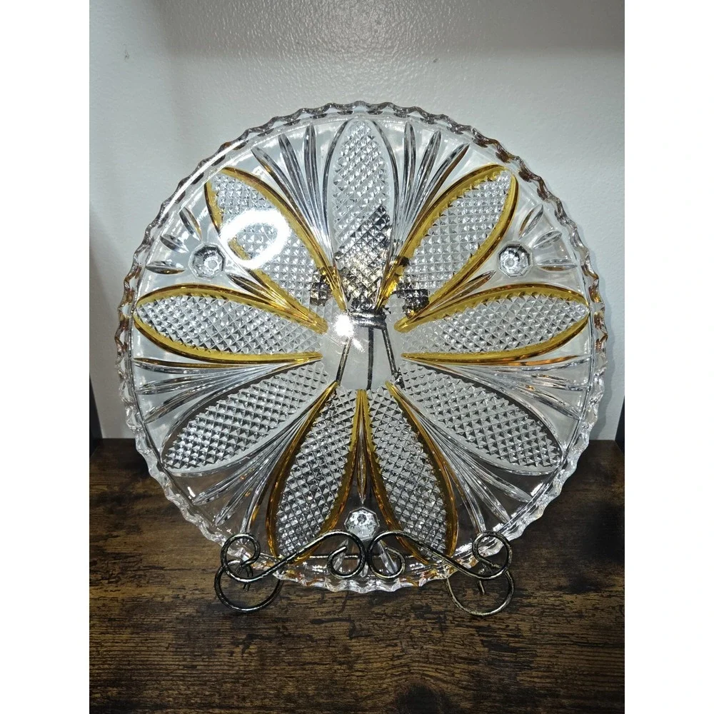 Bohemian Crystal Diamond‎ Cut Footed Cake Plate Orange & Clear Vintage